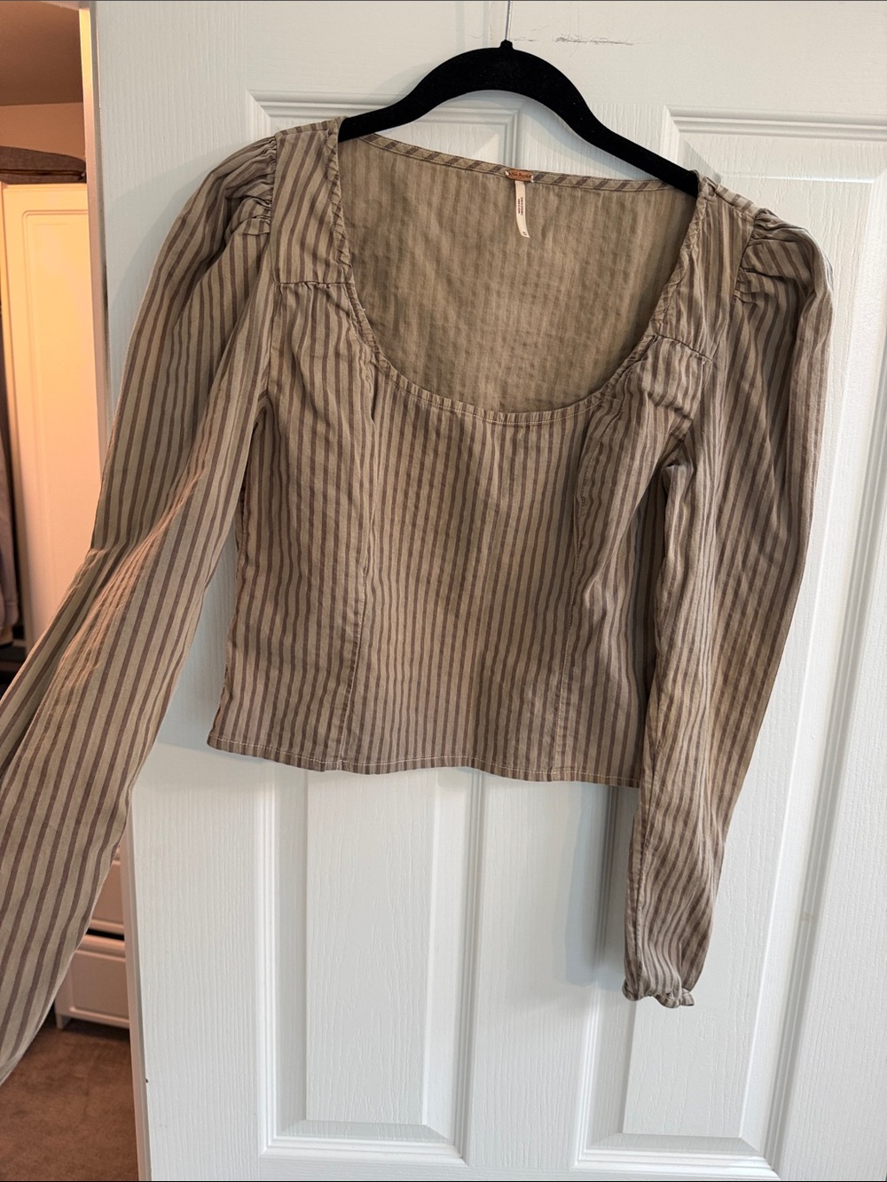 Free People Neutral Striped Scoop Neck Blouse - Taupe & Cream